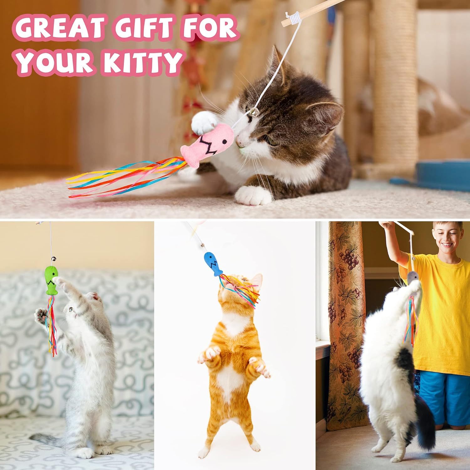 Cat Wand Toys Interactive Cat Toys With Catnip Fish Colorful Ribbons Bell For Kitty Kitten Cat Toys For Indoor Cats Cat Teaser Cat String Toy Cat Accessories - Image 3