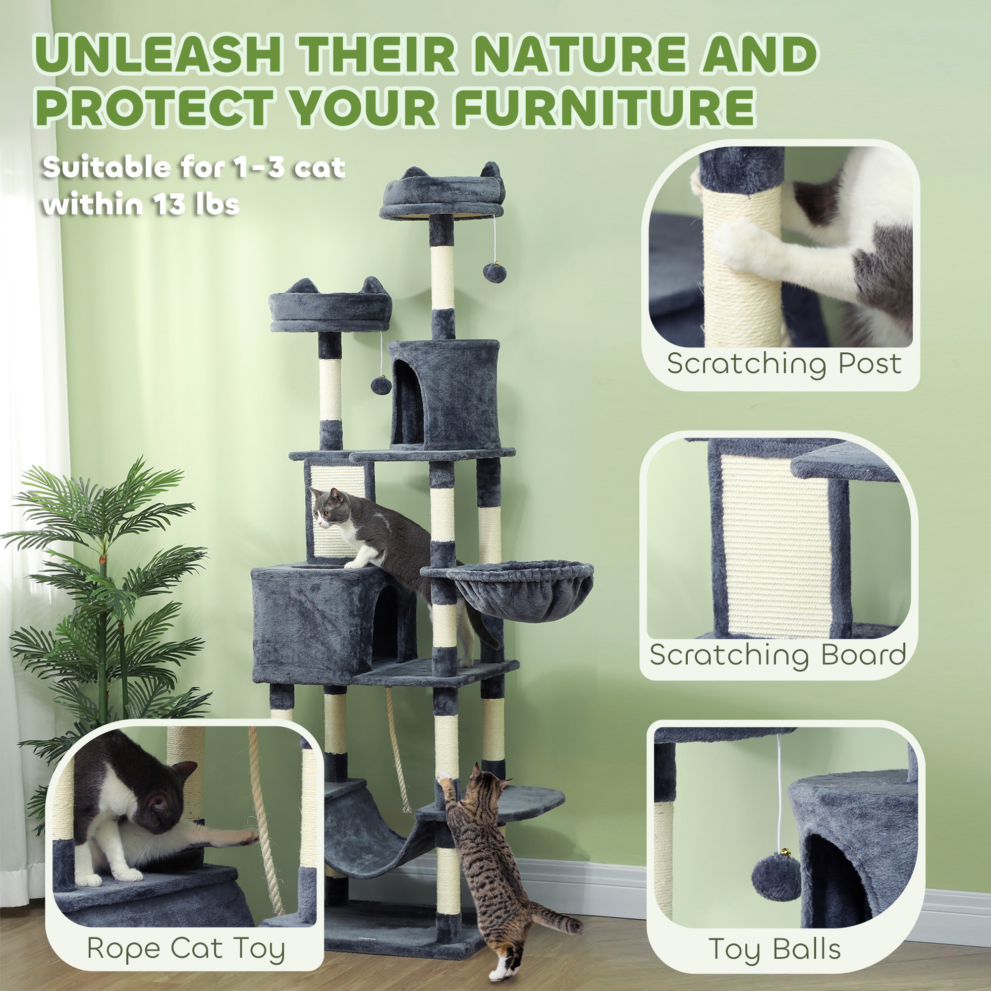 81" Cat Tree w/ Cat Scratching Posts, Scratching Board, Condos, Beds, Hammocks, Toy Balls, Rope Cat Toy, Gray - Image 7