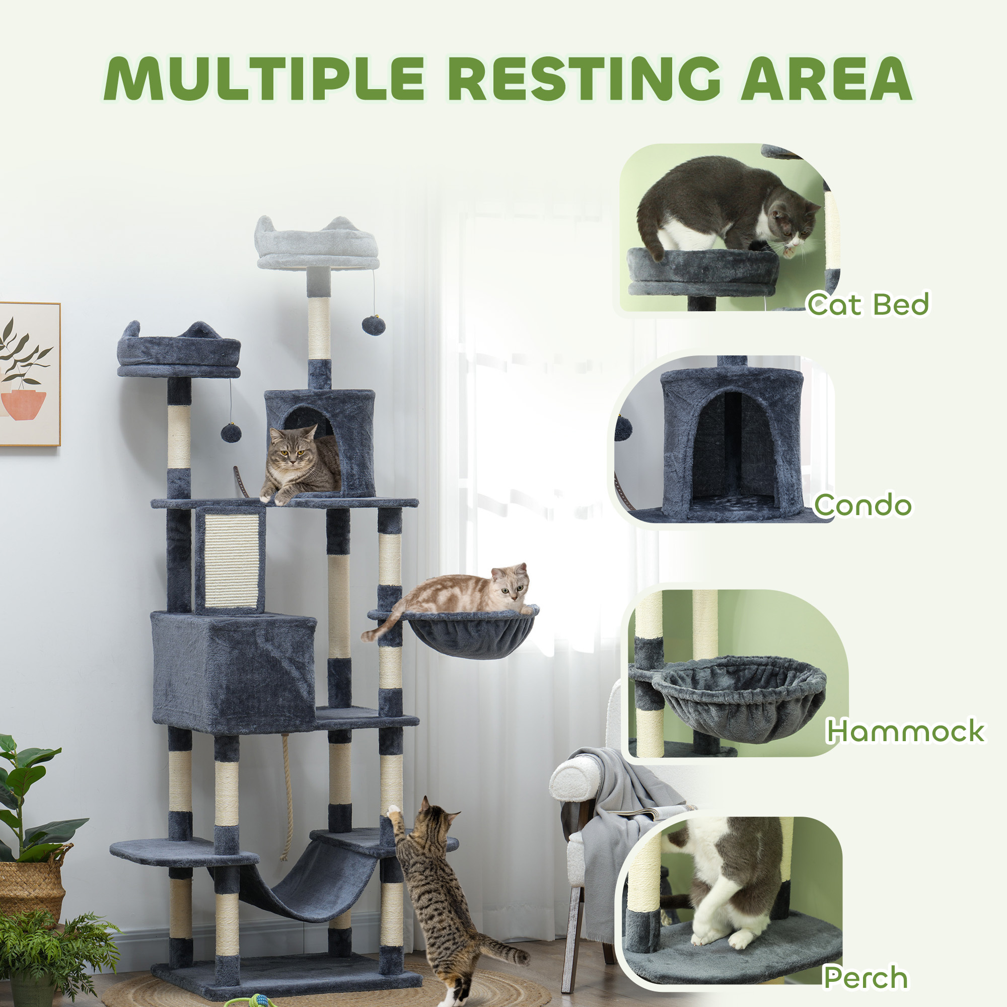 81" Cat Tree w/ Cat Scratching Posts, Scratching Board, Condos, Beds, Hammocks, Toy Balls, Rope Cat Toy, Gray - Image 4