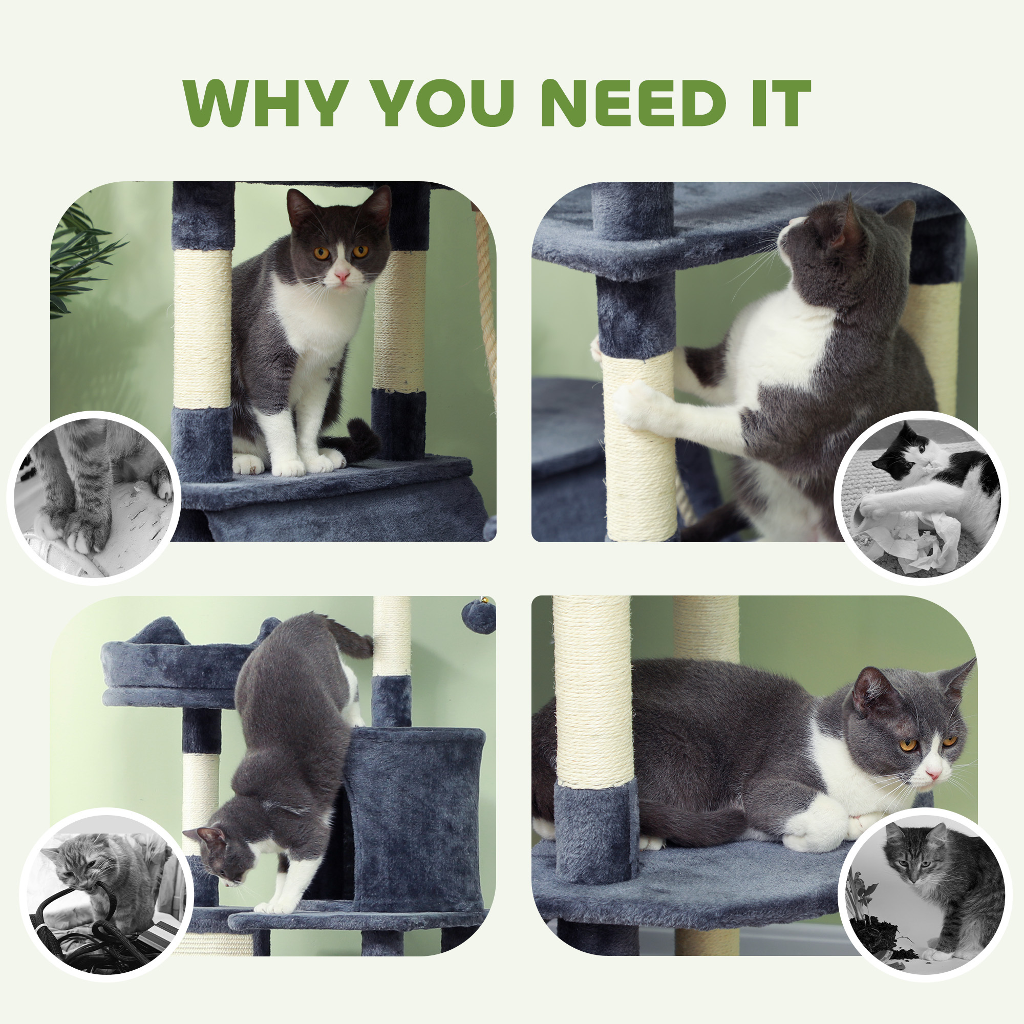 81" Cat Tree w/ Cat Scratching Posts, Scratching Board, Condos, Beds, Hammocks, Toy Balls, Rope Cat Toy, Gray - Image 5