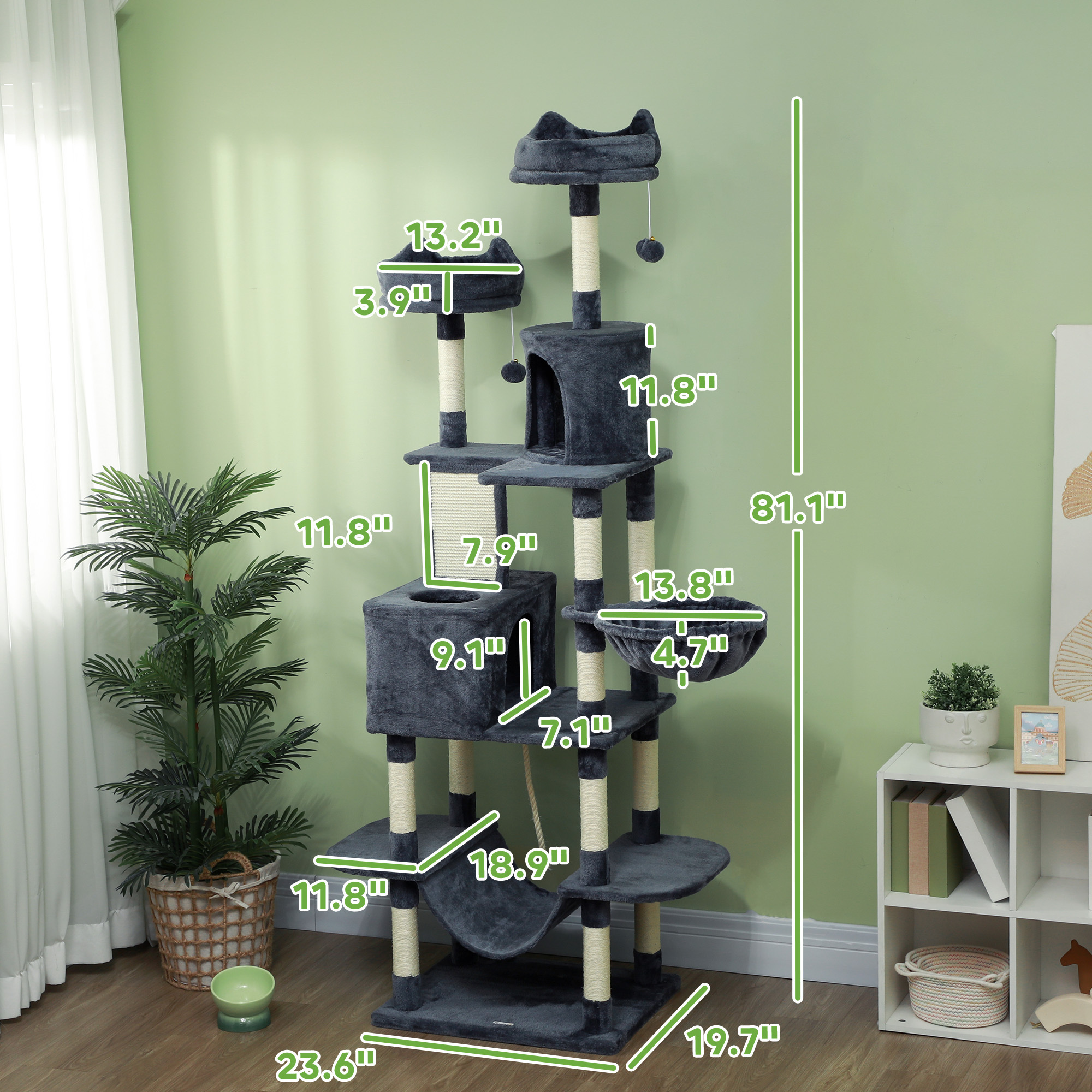 81" Cat Tree w/ Cat Scratching Posts, Scratching Board, Condos, Beds, Hammocks, Toy Balls, Rope Cat Toy, Gray - Image 8